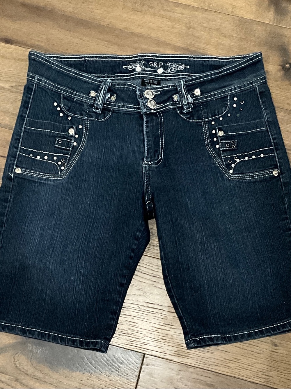 Womens Dark Blue Jean Shorts with Stud Detail